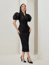 Chic Jacquard Fitted Dress with Puff Sleeves and Stylish Split Back