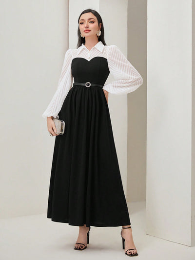 Chic Colorblock Lantern Sleeve 2-in-1 Dress: A Modern Twist on Classic Style