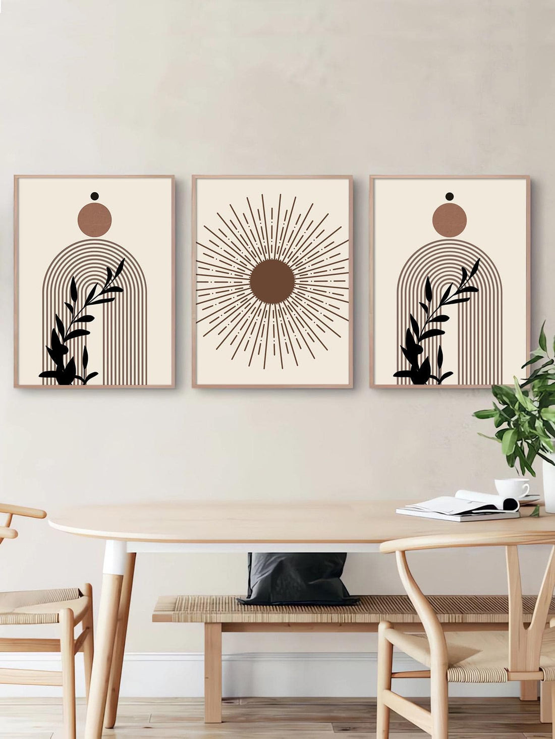 Living room mockup of three bohemian sun and botanical prints in light wood display frames