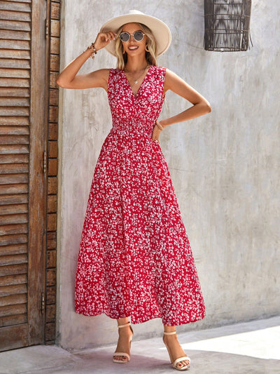 Beautifully Bloomed: Sleeveless Floral Print Dress with Shirred Waist