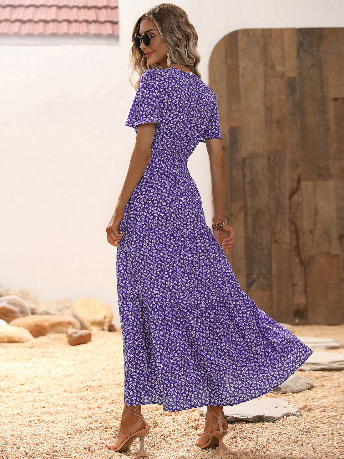 This elegant Flirty in Florals dress features a beautiful purple floral print and a playful ruffle hem. Perfect for any occasion, this dress will add a touch of fun and femininity to your wardrobe. Made with high-quality materials and expert craftsmanship, it is both stylish and comfortable.