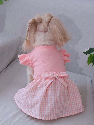 Country Chic Pet Dress with Flutter Sleeves and Bowknot Detail