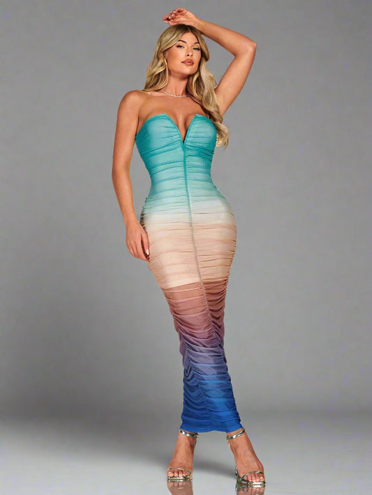 Radiant Ombre Ruched Tube Bodycon Dress: The Ultimate Statement Piece