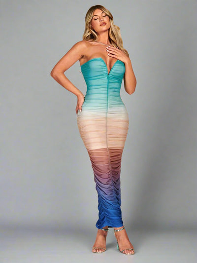 Radiant Ombre Ruched Tube Bodycon Dress: The Ultimate Statement Piece