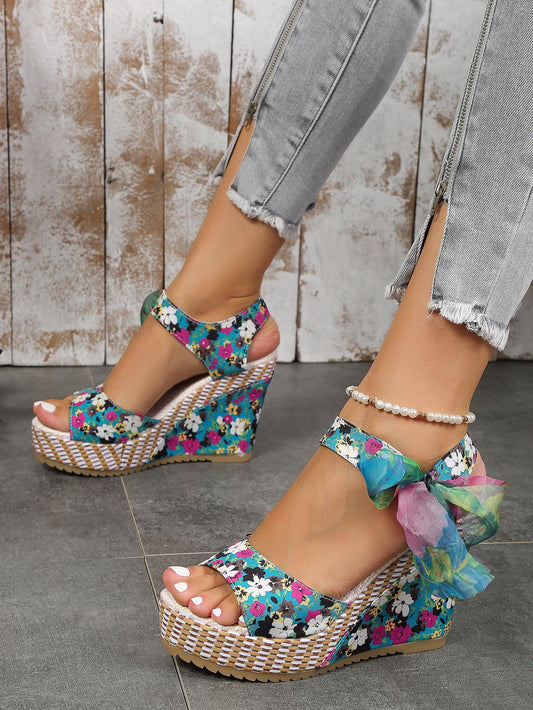 Floral Fantasy: Color-Block Ankle Strap Sandals for Summer Vacations