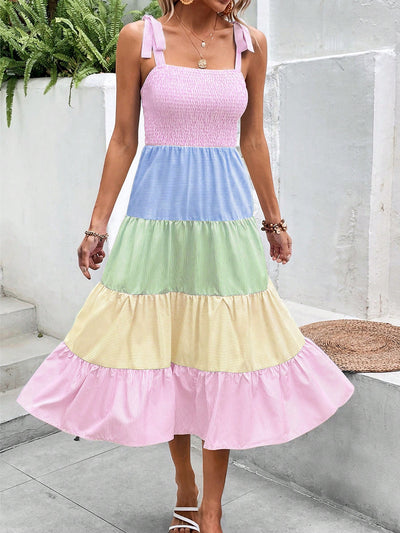 Colorblock Chic: Tie Shoulder Ruffle Hem Cami Dress