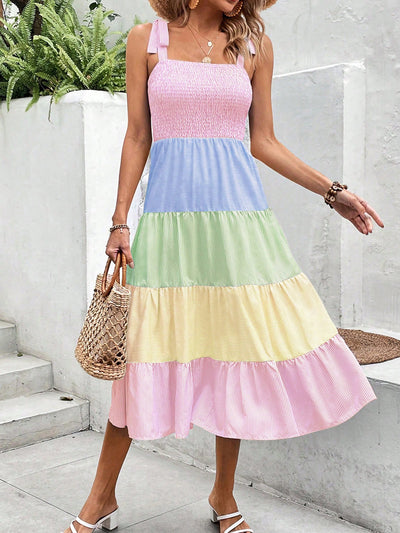 Colorblock Chic: Tie Shoulder Ruffle Hem Cami Dress