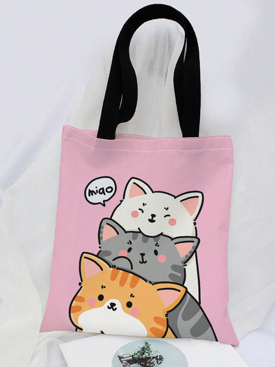 Adorable Cat Lover's Shoulder Bag: Double-Sided Print Canvas Tote