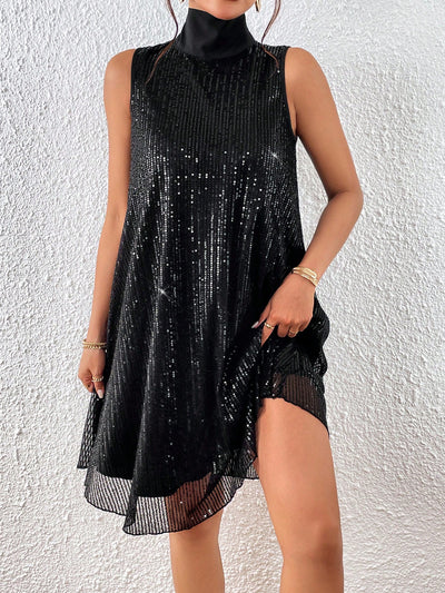 Summer Chic: Sequin Embellished Sleeveless High Neck Dress for Women