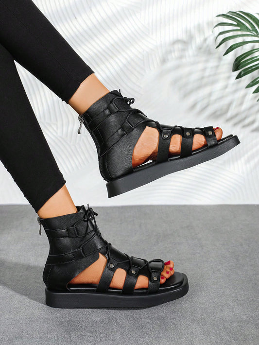 Black Lace-Up Gladiator Sandal Boots with Studded Decor and Hollow-Out Design - Fashionable Footwear for Outdoor Adventures