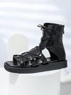 Black Lace-Up Gladiator Sandal Boots with Studded Decor and Hollow-Out Design - Fashionable Footwear for Outdoor Adventures