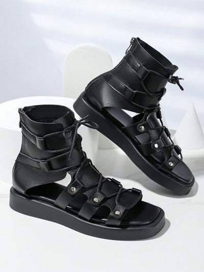 Black Lace-Up Gladiator Sandal Boots with Studded Decor and Hollow-Out Design - Fashionable Footwear for Outdoor Adventures