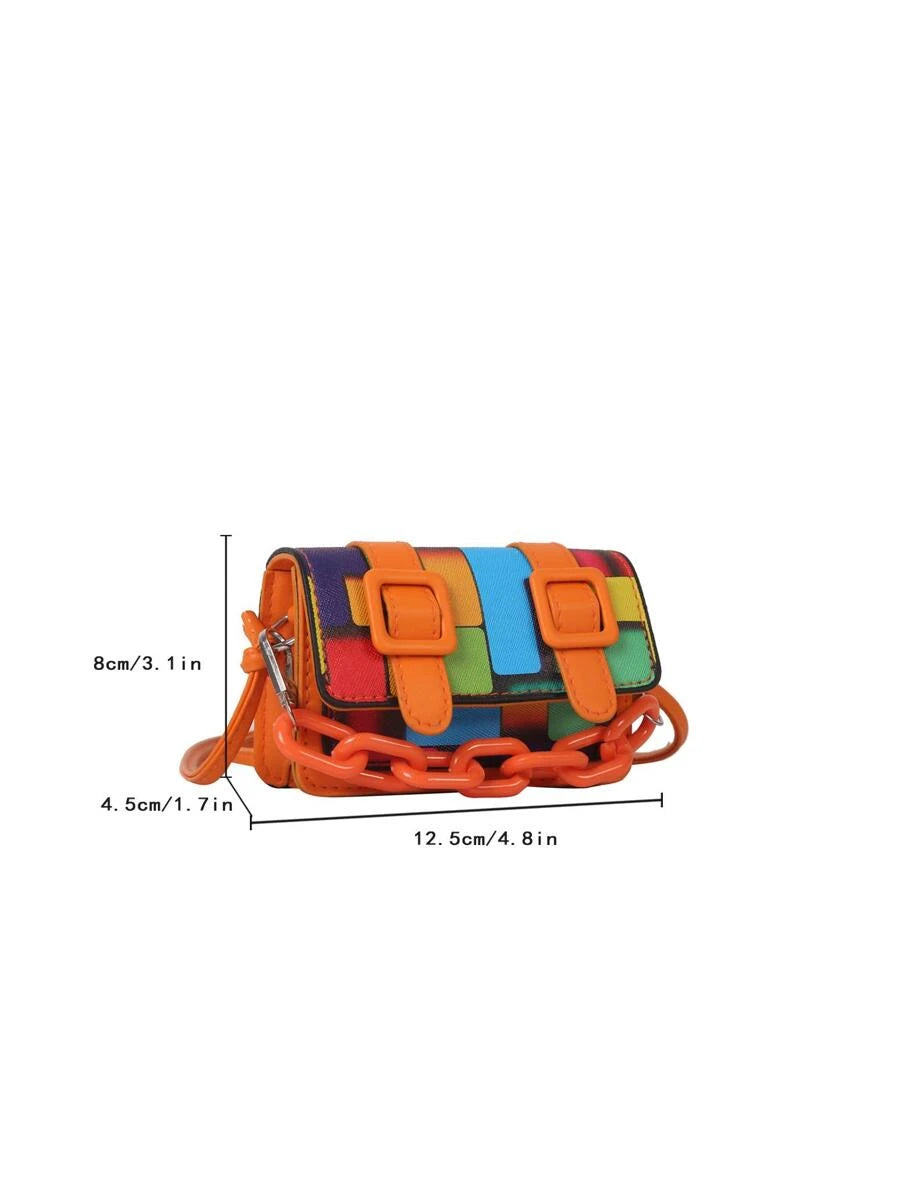 Three-quarter view of multicolor mini crossbody bag with glossy finish