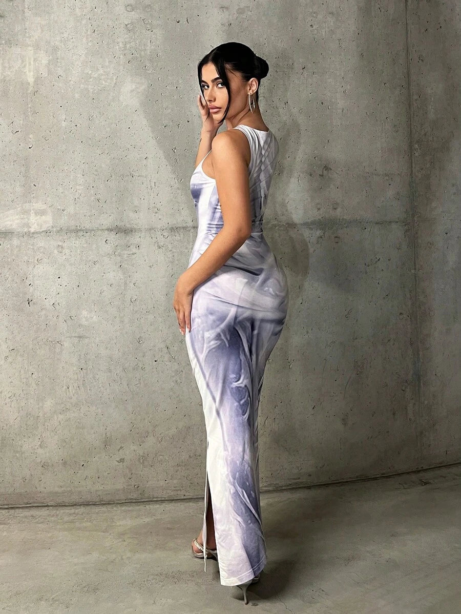 Full front view of blue and white marbled sleeveless fitted maxi dress