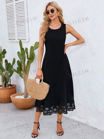 Chic and Classy: Laser Cut Out Scallop Trim Solid Dress