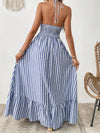 Summertime Dream: Sleeveless Striped Floral Vacation Dress with Neck Hanging Design