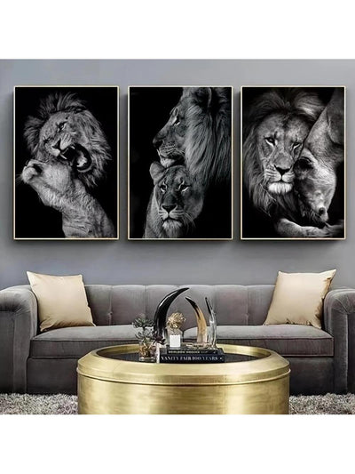 Elevate your bedroom decor with our Modern and Aesthetic Lion Family Canvas Wall Art Set. This set includes three frameless posters featuring a bold and powerful black lion family. Add a touch of sophistication and elegance to your space while showcasing your love for nature and wildlife.