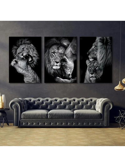 Modern and Aesthetic Lion Family Canvas Wall Art Set (3pcs) - Frameless Black Lion Family Poster for Bedroom Decor