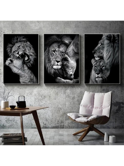 Modern and Aesthetic Lion Family Canvas Wall Art Set (3pcs) - Frameless Black Lion Family Poster for Bedroom Decor