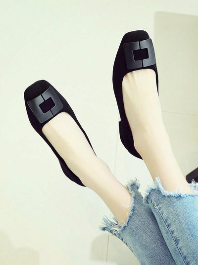 Chic and Simple: Black Square-Toe Suedette Flats with Square Buckle Detail