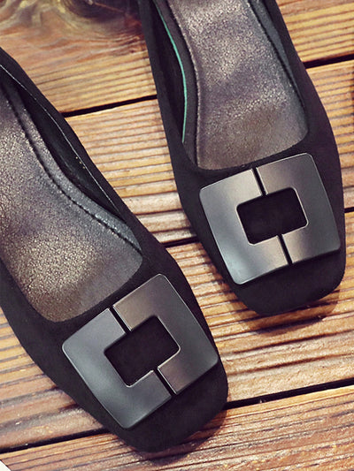 Chic and Simple: Black Square-Toe Suedette Flats with Square Buckle Detail