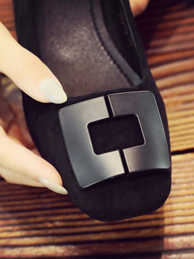 Chic and Simple: Black Square-Toe Suedette Flats with Square Buckle Detail