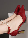 Chic Pointed-Toe Hollow-Out Chunky Heeled Pumps with Ankle Strap