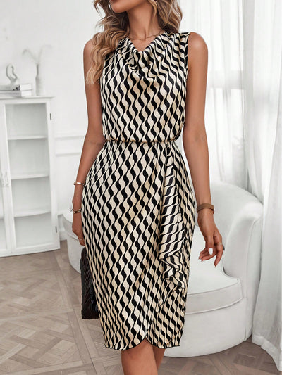 Elegantly Crafted Print Draped Front Asymmetrical Hem Dress