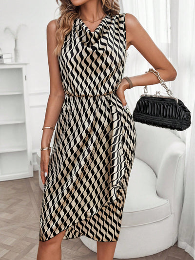 Elegantly Crafted Print Draped Front Asymmetrical Hem Dress