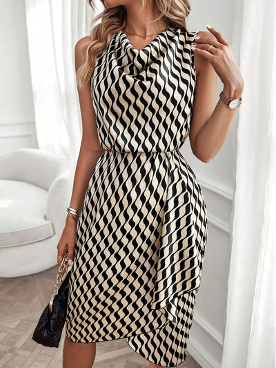 Elegantly Crafted Print Draped Front Asymmetrical Hem Dress