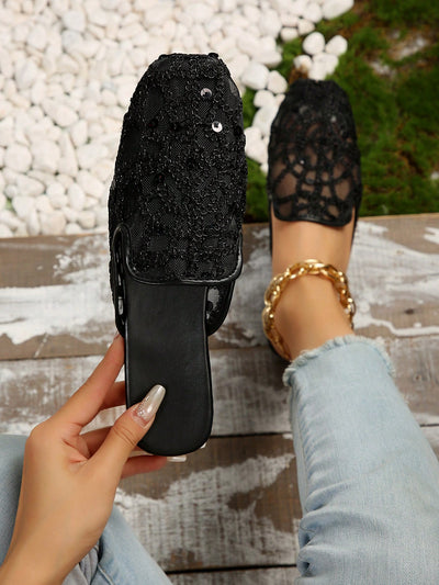 Chic Floral Embroidered Mesh Panel Flat Mules for Effortless Style