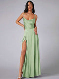 Mint green satin maxi dress front view with spaghetti straps