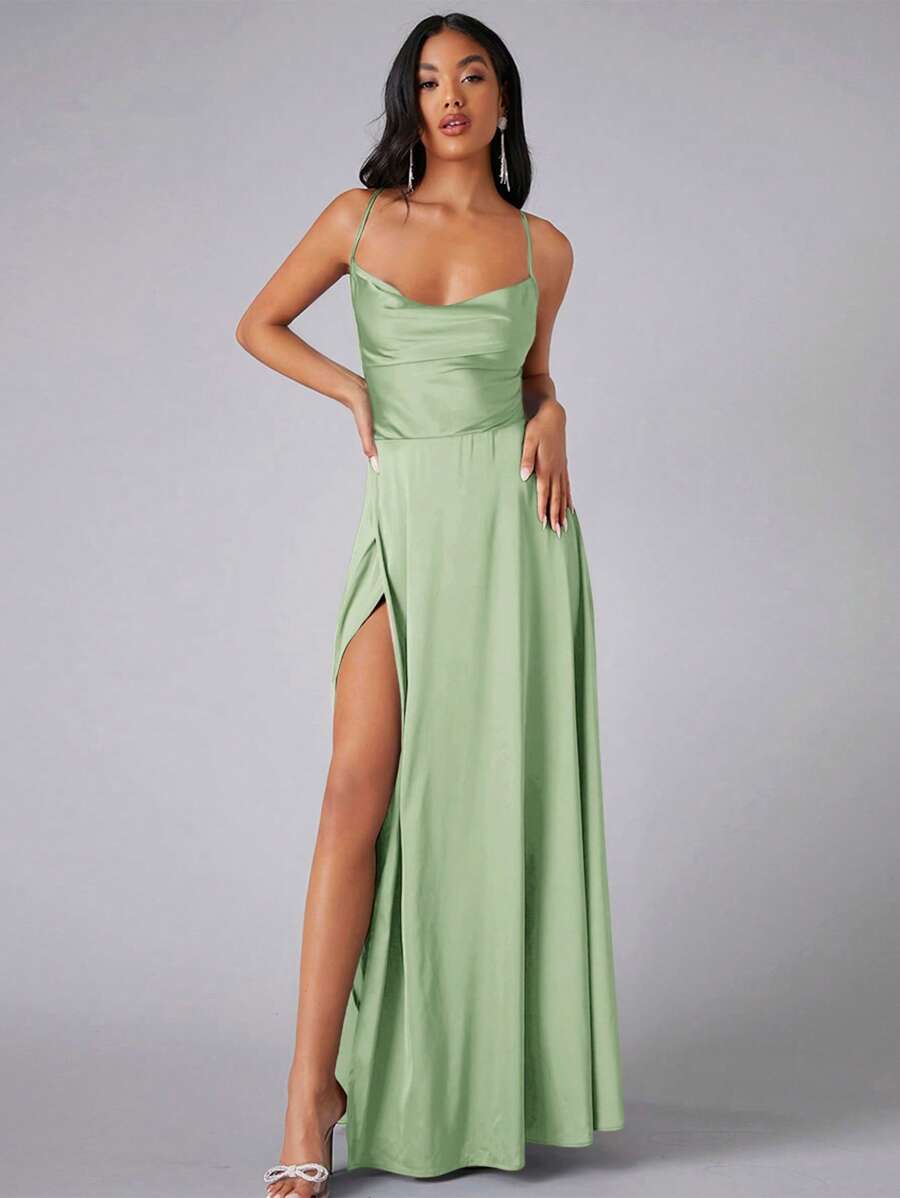 Mint green satin maxi dress front view with spaghetti straps