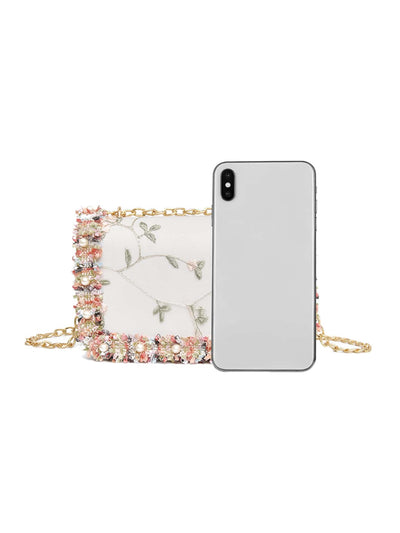 Chic Floral Embroidered Faux Pearl Square Bag – Elegant Mini Accessory