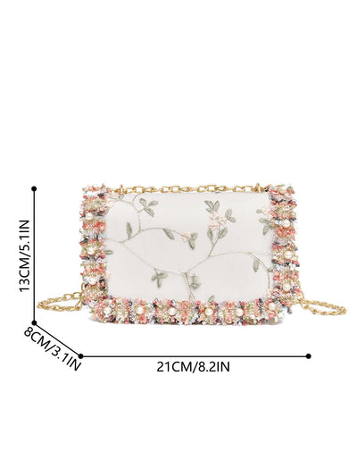 Chic Floral Embroidered Faux Pearl Square Bag – Elegant Mini Accessory