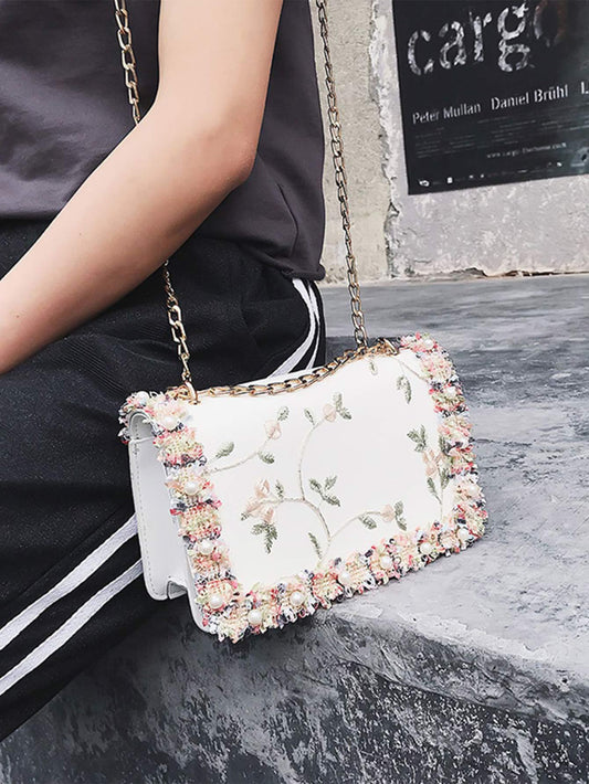 Chic Floral Embroidered Faux Pearl Square Bag – Elegant Mini Accessory