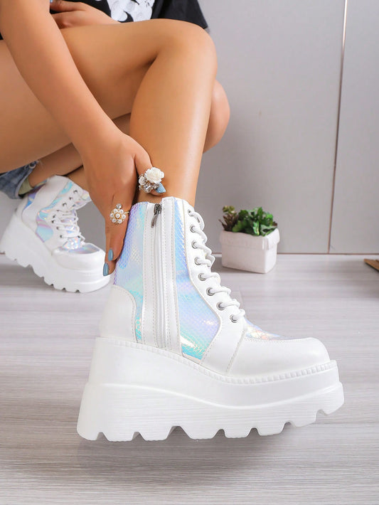 Holographic Lace-Up Grunge Punk Wedge Boots: Step into Funky Style