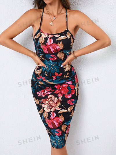 Summertime Bliss: Colorful Floral Print Criss-Cross Backless Cami Dress