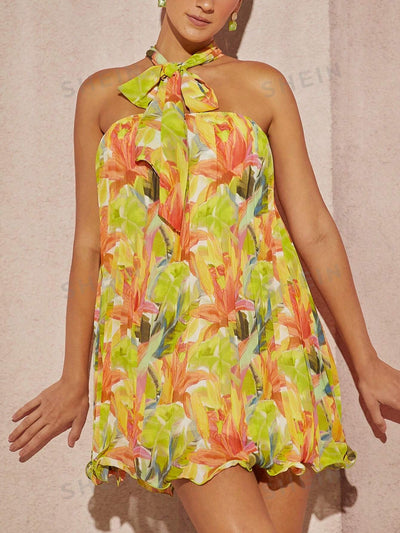 Tropical Elegance: Haute Pleated Neck Detail Dress