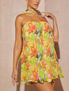 Tropical Elegance: Haute Pleated Neck Detail Dress