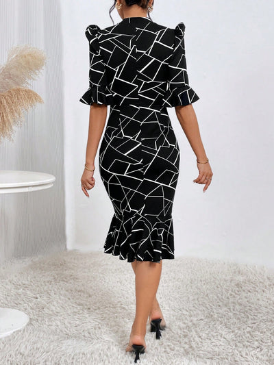 Chic Geo Print Puff Sleeve Mermaid Hem Dress for Effortless Elegance