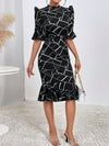 Chic Geo Print Puff Sleeve Mermaid Hem Dress for Effortless Elegance