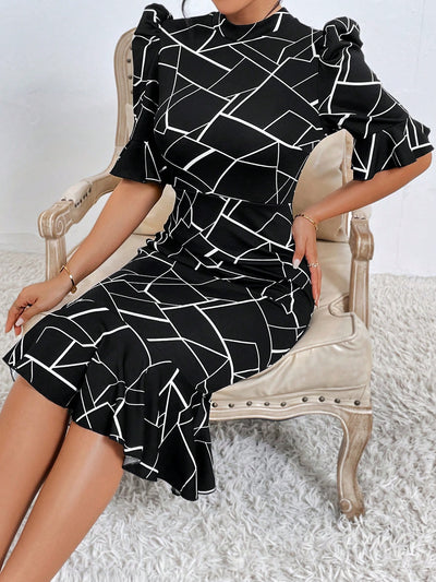 Chic Geo Print Puff Sleeve Mermaid Hem Dress for Effortless Elegance