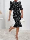 Chic Geo Print Puff Sleeve Mermaid Hem Dress for Effortless Elegance