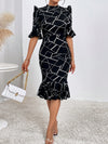 Chic Geo Print Puff Sleeve Mermaid Hem Dress for Effortless Elegance