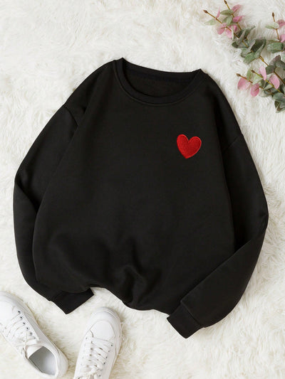 Sweetheart Sweater: Cozy up with Heart Print Casual Long Sleeve Drop Shoulder Sweatshirt