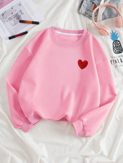 Sweetheart Sweater: Cozy up with Heart Print Casual Long Sleeve Drop Shoulder Sweatshirt