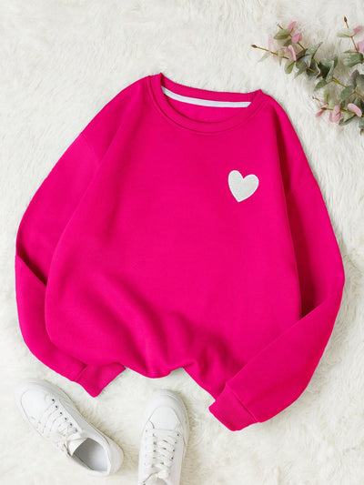 Sweetheart Sweater: Cozy up with Heart Print Casual Long Sleeve Drop Shoulder Sweatshirt