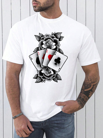 Men Four Playing Card and Flower Pattern Print Tshirt