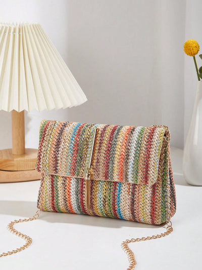 Rainbow Dreams: Striped Pattern Flap Straw Bag for Your Vacation Getaway